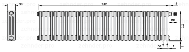 Схема (чертеж) Радиатор Zehnder Charleston 3057/35 №V002 Technoline TL